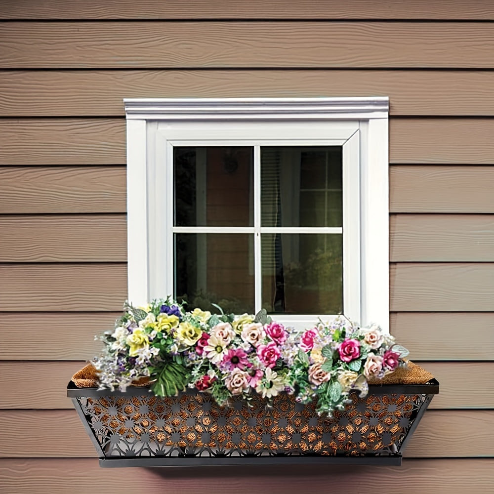 Two-Set Dark Window Box Planter Pair with Pictured Coco-Look Liners and Adjustable Railing Brackets