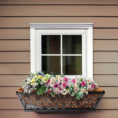 Two-Set Dark Window Box Planter Pair with Pictured Coco-Look Liners and Adjustable Railing Brackets