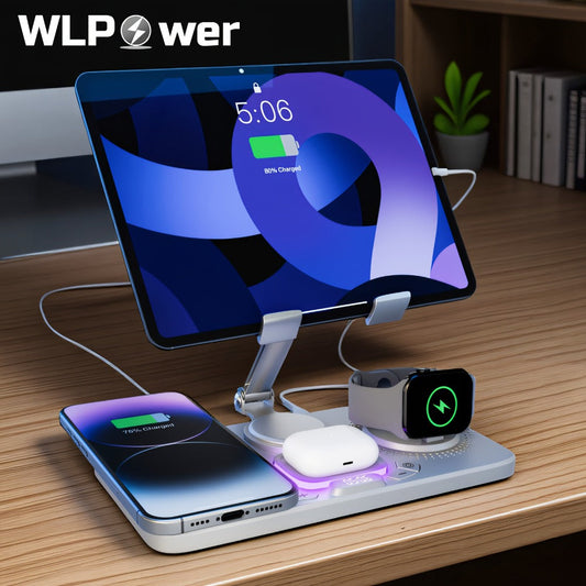 6-in-1 Wireless Charging Station with Clock Display & Atmosphere Light 15W Fast Charger Dock – Tablet Stand, Charges 4 Devices at Once | iPhone 17/16/15/14/13/12, Apple Watch, AirPods | Black & White
