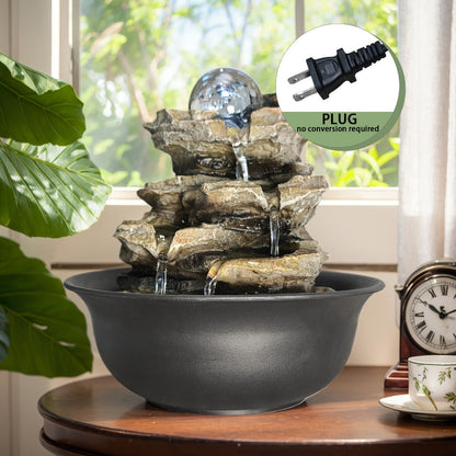 Indoor Tabletop Fountain with LED Light, Rolling Crystal-Look Sphere and 8.3 x 7.9 x 7.9-Inch Stone-Look Waterfall Form