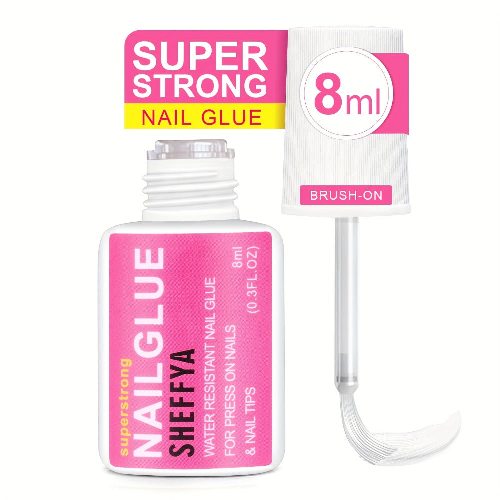 Nail Glue Set, 8ml Brush-On Bottles in 2-, 5- or 10-Piece Options with SHEFFYA Package and EMNAGLUE Bottle Markings