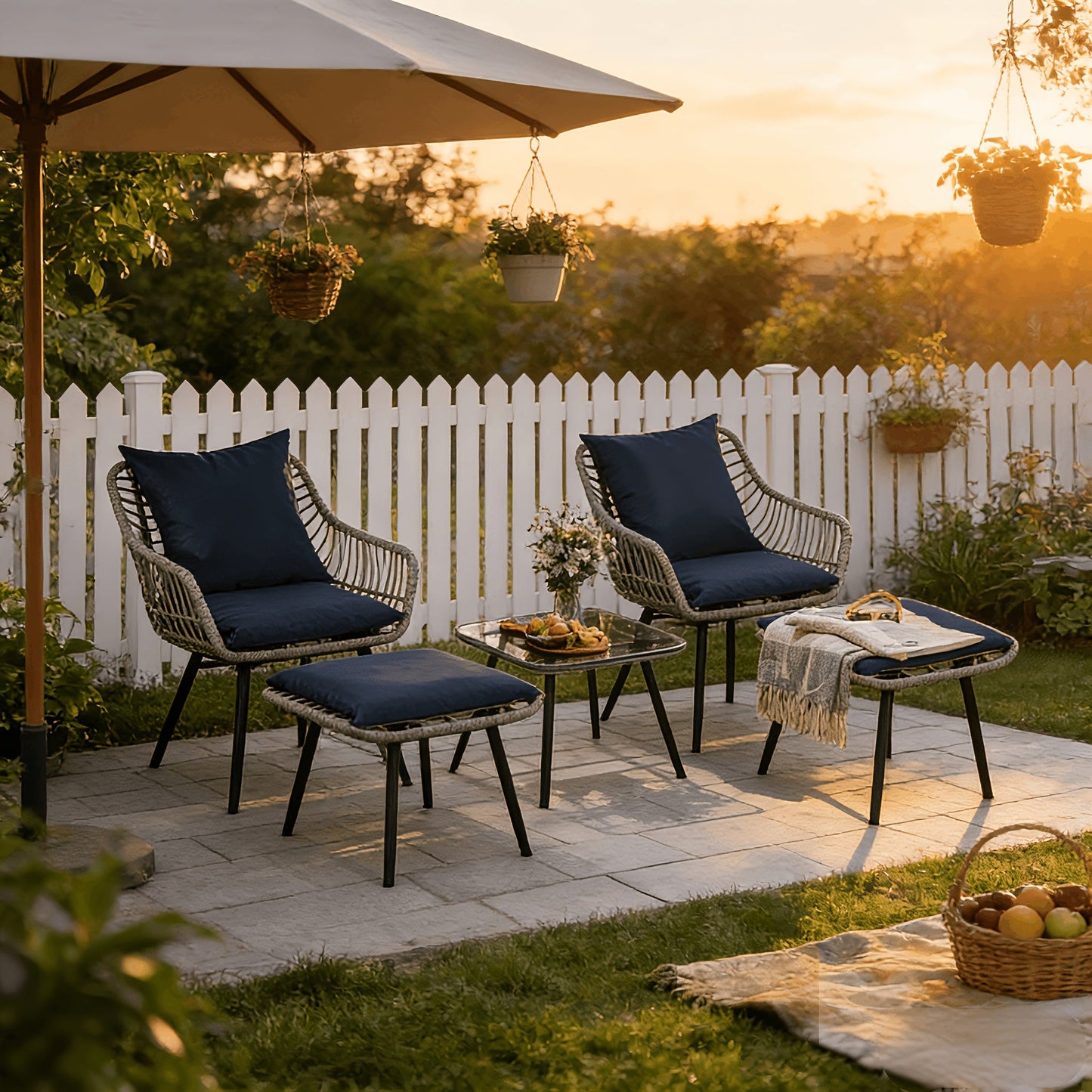 Five-Piece PE Rattan Patio Set with Two Chairs, Two Footstools, Round Glass Table and Gray-Blue Cushions