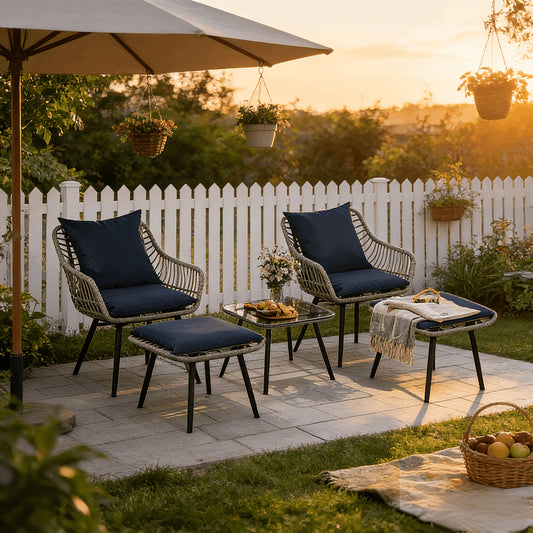 Patio Furniture Set 5 Piece | PE Rattan Sofa with 2 Footstools & Coffee Table, All-Weather Wicker, Easy Assembly, for Garden Balcony Backyard Poolside — Gray & Blue