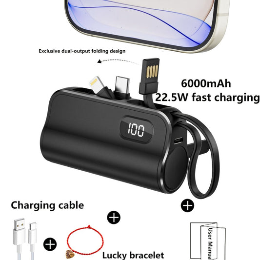 Mini Power Bank 6000mAh LCD Digital Display 22.5W Fast Charging Portable Battery Pack Gift Set with Data Cable Bracelet iPhone USB-C Android Pink Black Purple