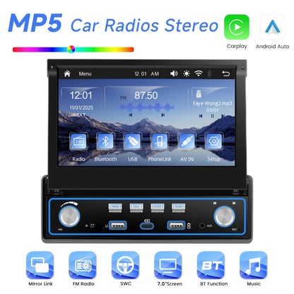 Single Din Car Stereo 7 Inch Flip Out Touchscreen - Wireless CarPlay & Android Auto, 1080P HD, FM Radio, SWC, Voice Control, USB/Type-C/AUX, Backup Camera Compatible