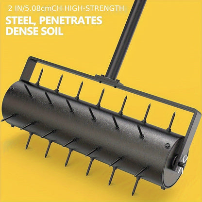 Seventeen-Inch Manual Lawn Punch Aerator with Long Black Handle and Visible Spiked Roller Design