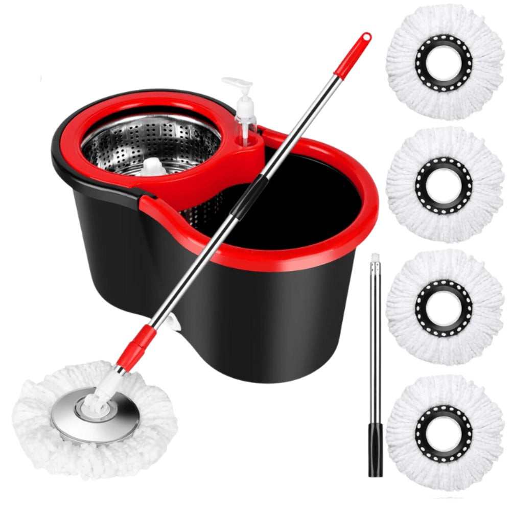 Spin Mop and Bucket with Wringer Set, 360° Spinning Mop System, 4 Microfiber Replacement Heads, Stainless Steel Adjustable Handle, Heavy-Duty Floor Cleaning Kit for Hardwood Tile Laminate Kitchen Bathroom