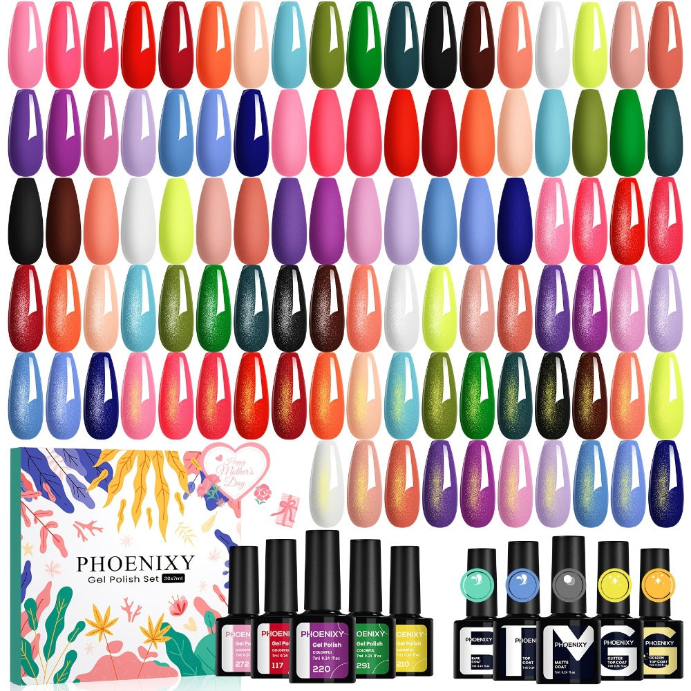 Gel Nail Polish Set with PHOENIXY Label, 30 Pieces with Base, Glossy, Matte and Glitter Top Coats