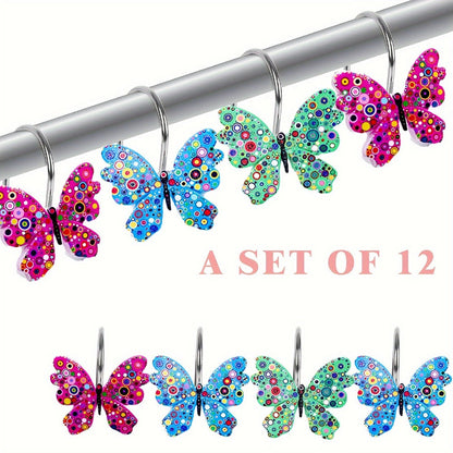 12-Piece Butterfly Shower Curtain Hook Set in Green, Blue or Multicolor Decorative Designs