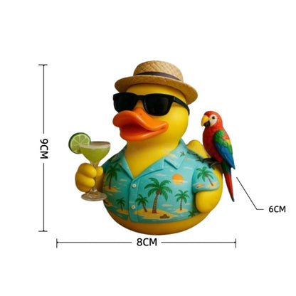 Beach-Style Duck Tabletop Figurine with Sunglasses, Straw Hat, Parrot and Tropical Shirt Details