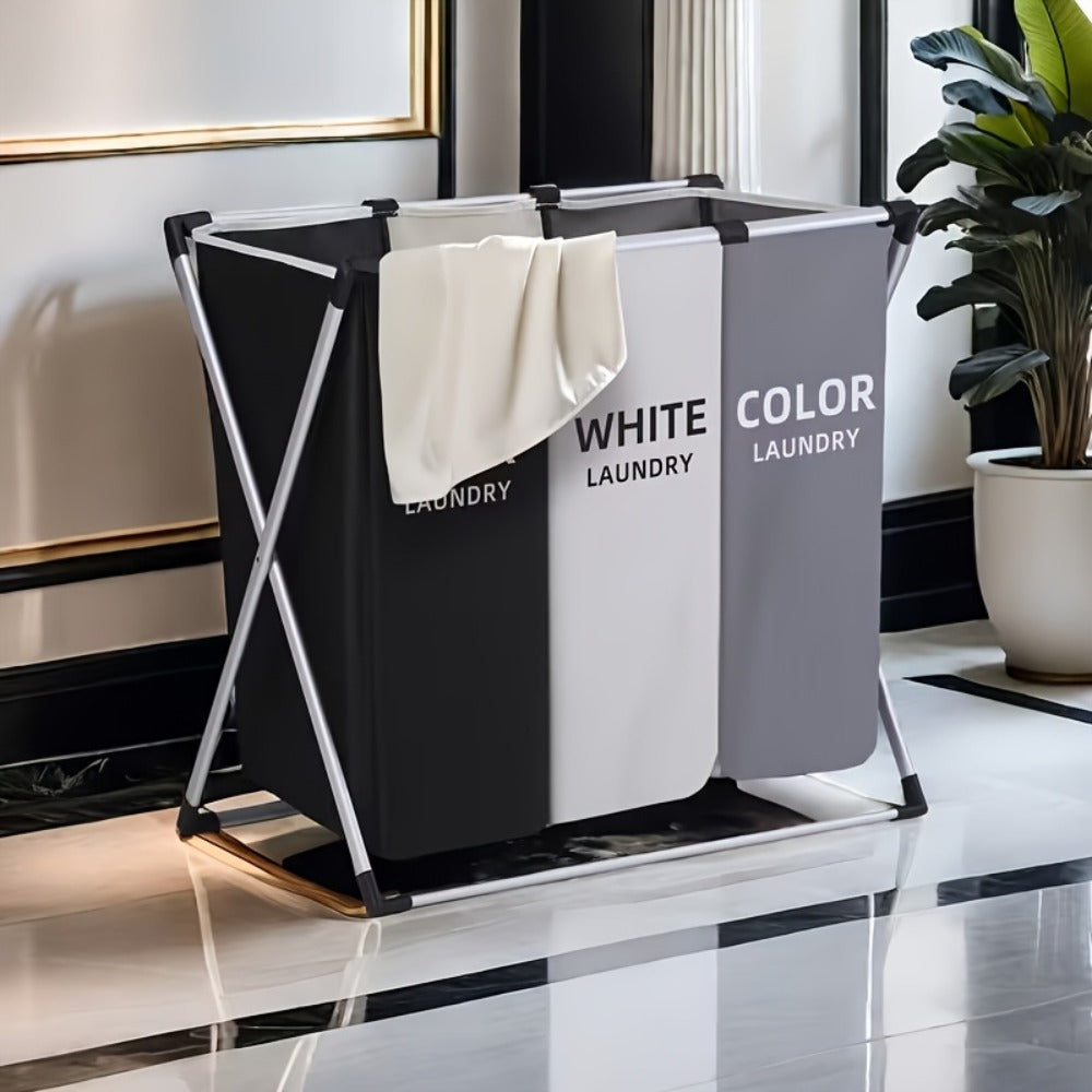 Three-Section Laundry Hamper Sorter with Black, White and Gray Oxford-Fabric Bags and Foldable Frame