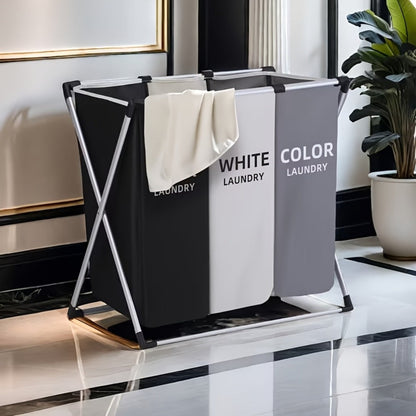 Three-Section Laundry Hamper Sorter with Black, White and Gray Oxford-Fabric Bags and Foldable Frame