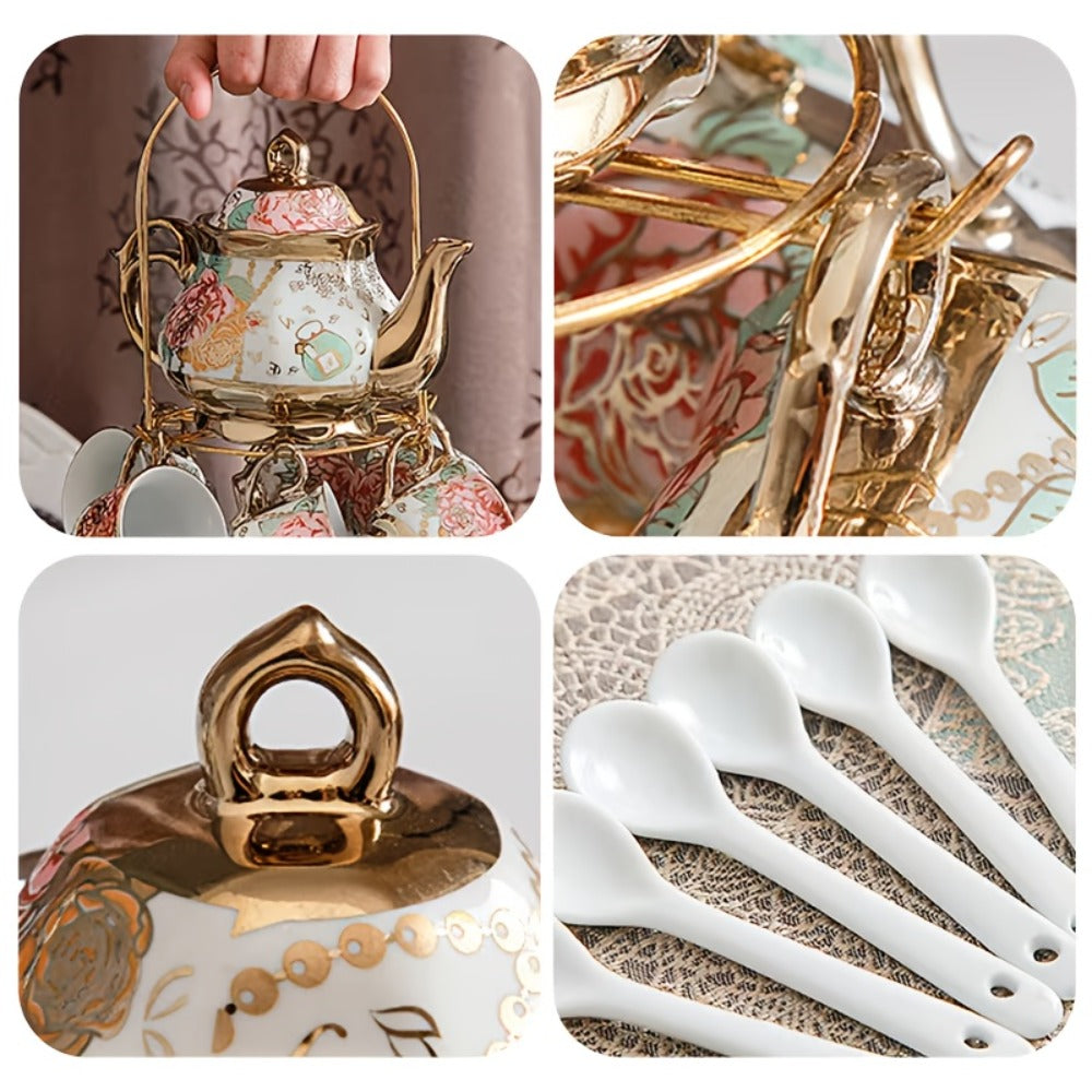 Twenty-Piece Floral Ceramic Tea Set with 15-Ounce Teapot, Six Cups, Saucers, Spoons and Gold Rack