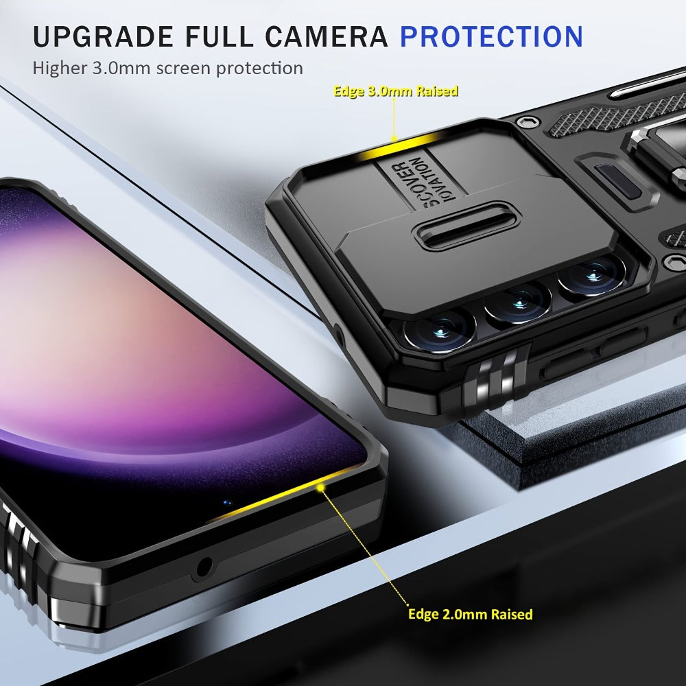 Samsung Galaxy Shockproof Magnetic Phone Case with 360° Rotating Ring Bracket & Sliding Lens Protector – Heavy Duty Cover for S24FE S23FE S22 S21FE Ultra A55 A54 A35 A34 A25 A24 A16 A15 A14 A06 A05 A05S 5G