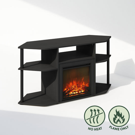 Corner TV Stand with Electric Fireplace, 55" Entertainment Center with Open Storage Shelves & Decorative Plastic Poles, Corner Fireplace Media Console, Americano/Black