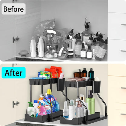 Under Sink Storage Organizer 2-Piece Sliding Shelf Set in Black or White for Kitchen and Bathroom