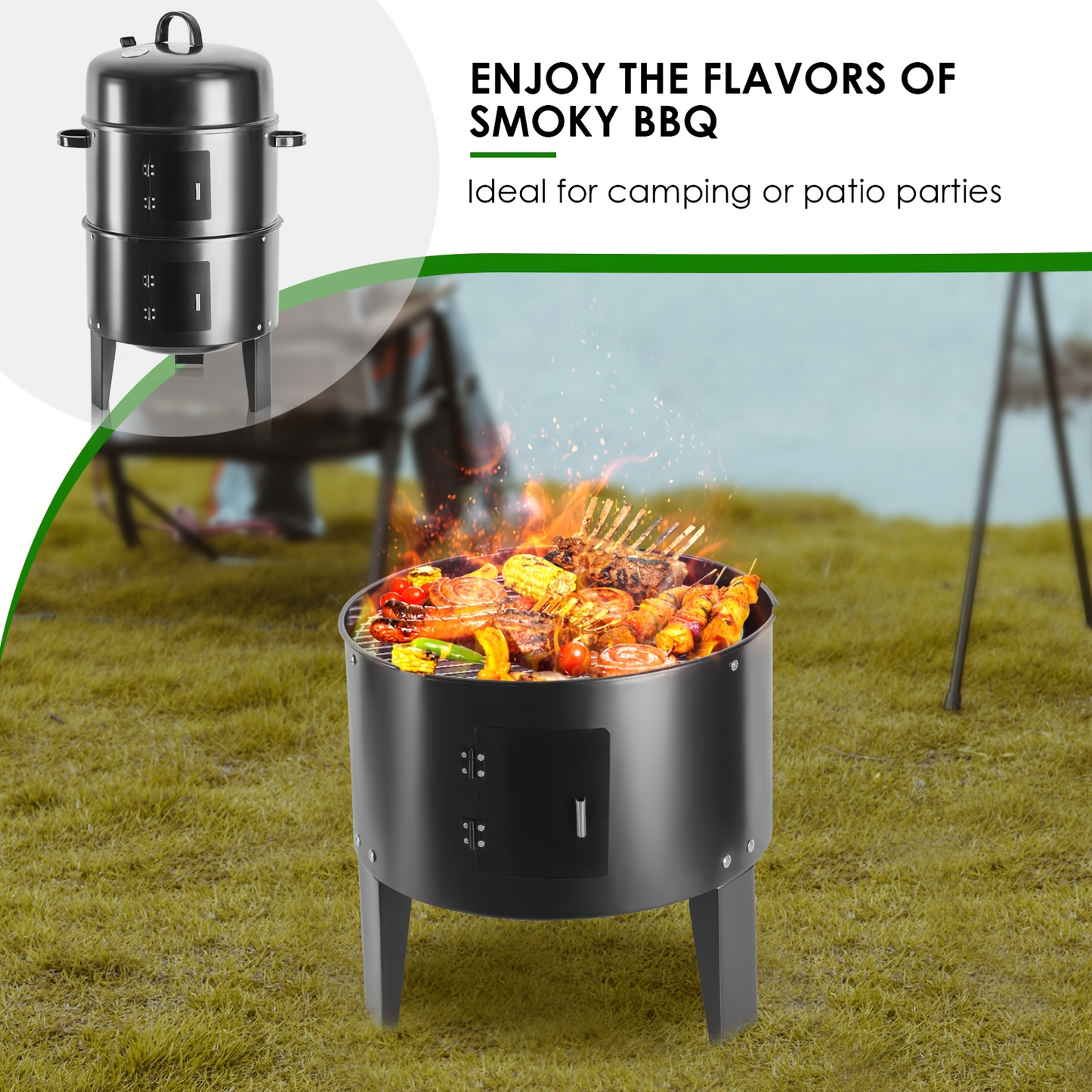 Charcoal Smoker Grill 16 Inch Vertical 3-Tier with Easy Temperature Control, Portable Outdoor Smoker for Simultaneous Smoking Grilling Cooking, Backyard Camping BBQ