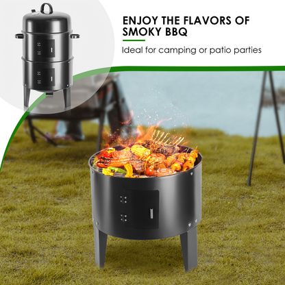 Charcoal Smoker Grill 16 Inch Vertical 3-Tier with Easy Temperature Control, Portable Outdoor Smoker for Simultaneous Smoking Grilling Cooking, Backyard Camping BBQ