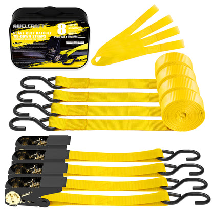 Ratchet Tie Down Straps 4-Pack 15FT 1,500 lb Break Strength Heavy Duty with Soft Loops & Storage Bag – High-Visibility Webbing for Motorcycle ATV Kayak Truck Bed Trailer Roof Rack