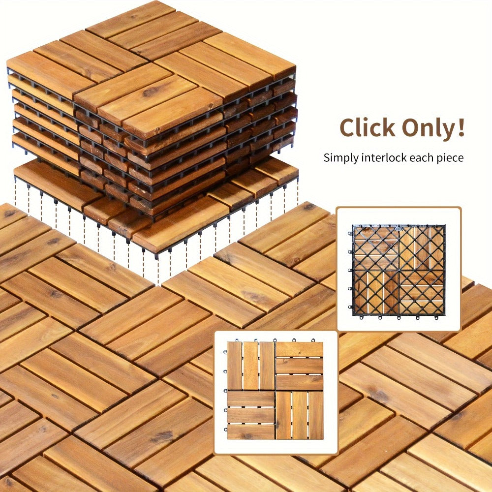 Interlocking Acacia Wood Deck Tiles, 27-Pack of 12-Inch Slatted Squares for Patio, Balcony or Indoor Floors