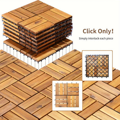 Interlocking Acacia Wood Deck Tiles, 27-Pack of 12-Inch Slatted Squares for Patio, Balcony or Indoor Floors
