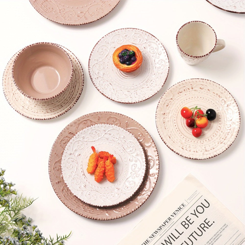 Sixteen-Piece Ceramic-Style Dinnerware Set for Four in White-Blue or Milky-White Coffee Colors
