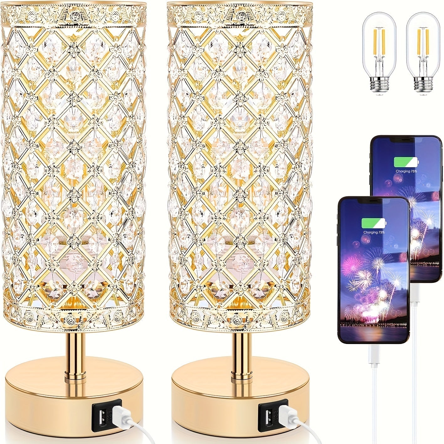 Crystal Bedside Table Lamp with Touch Control & 2 USB Charging Ports, 3-Way Dimmable Nightstand Lamp with Decorative Crystal Base, LED Bulb Included, for Bedroom Living Room Office