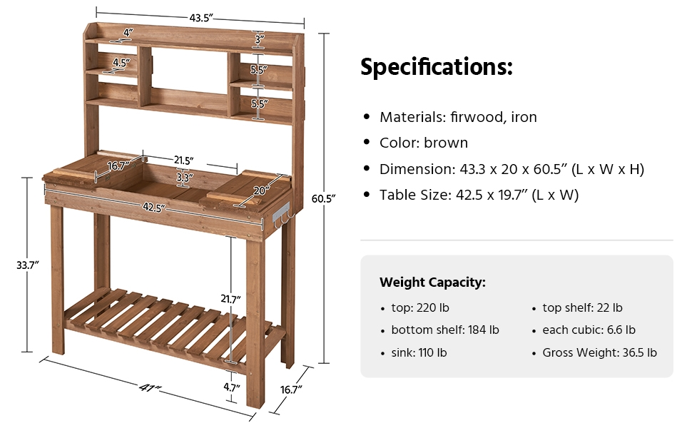 Potting Bench Table Fir Wood Iron Frame Switchable Top Integrated Sink 3-Tier Display Rack Storage Shelf Hanger Waist-High Garden Workstation Outdoor Brown