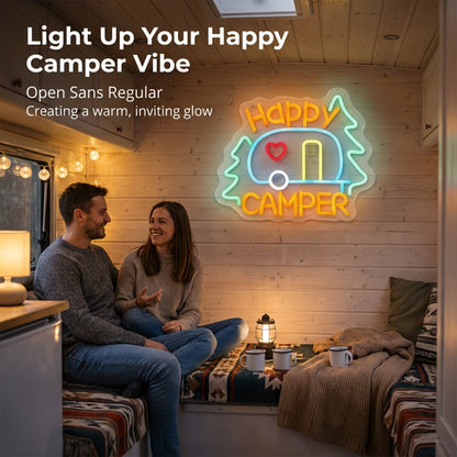 Happy Camper Multicolor LED Neon Sign with RV Motif, 32.5 x 27 cm Panel and Wall-Mount Display