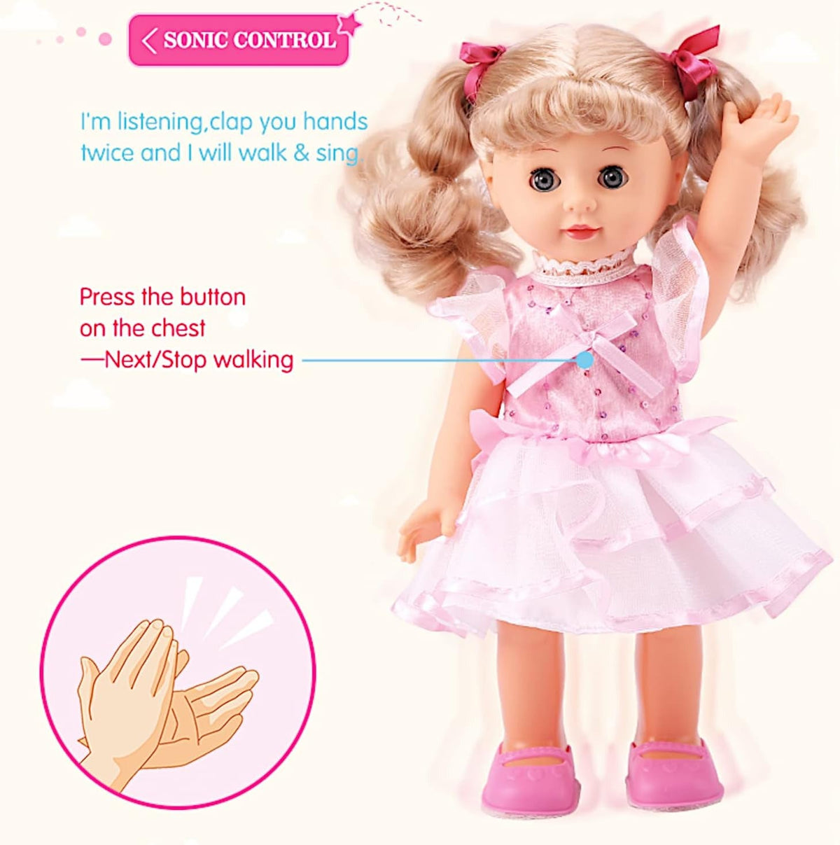 Walking Talking Doll Sonic Control 12 Inch Blonde Princess, Clap Activated Sings Walks Talks, Blinking Blue Eyes