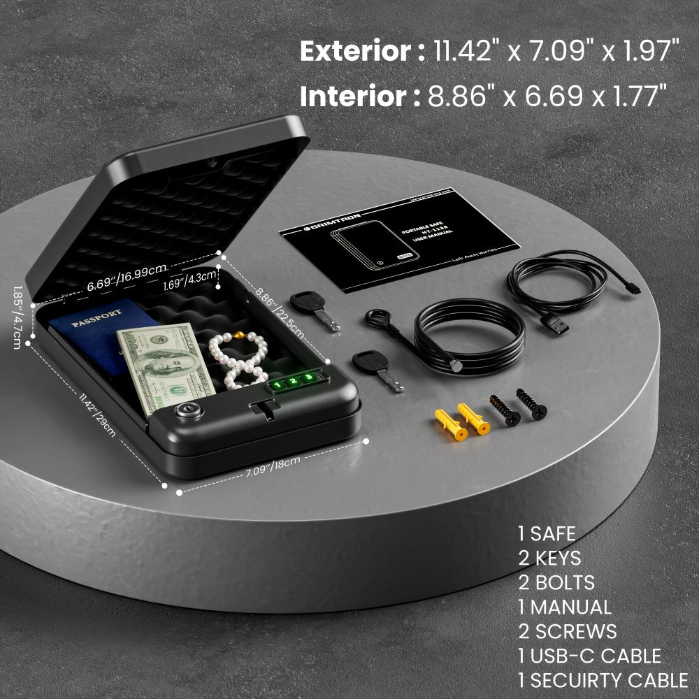Portable Pistol Safe with Three-Digit Electronic Keypad, Backup Keys, USB-C Cable and 3.28 ft Security Cable