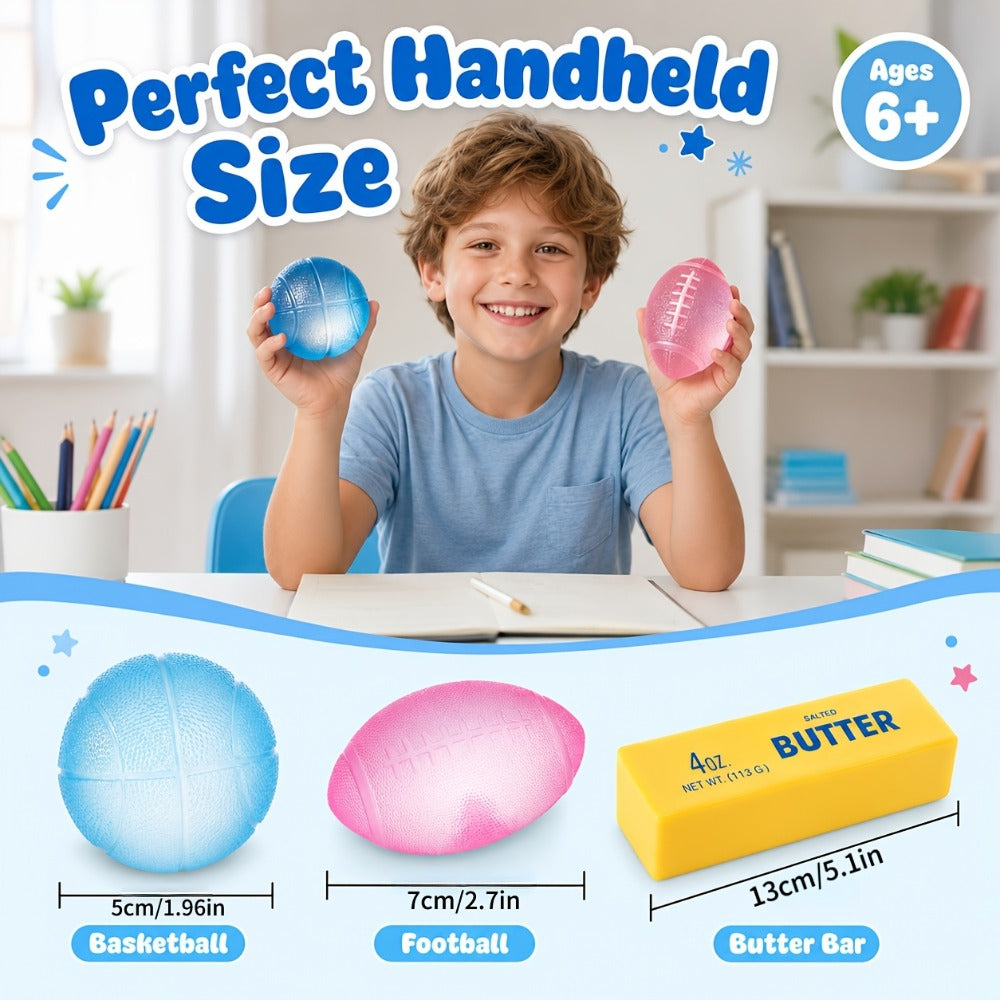 Four-Piece Slow-Rise Foam Squishy Set with Two Butter Bars, One Basketball and One Football