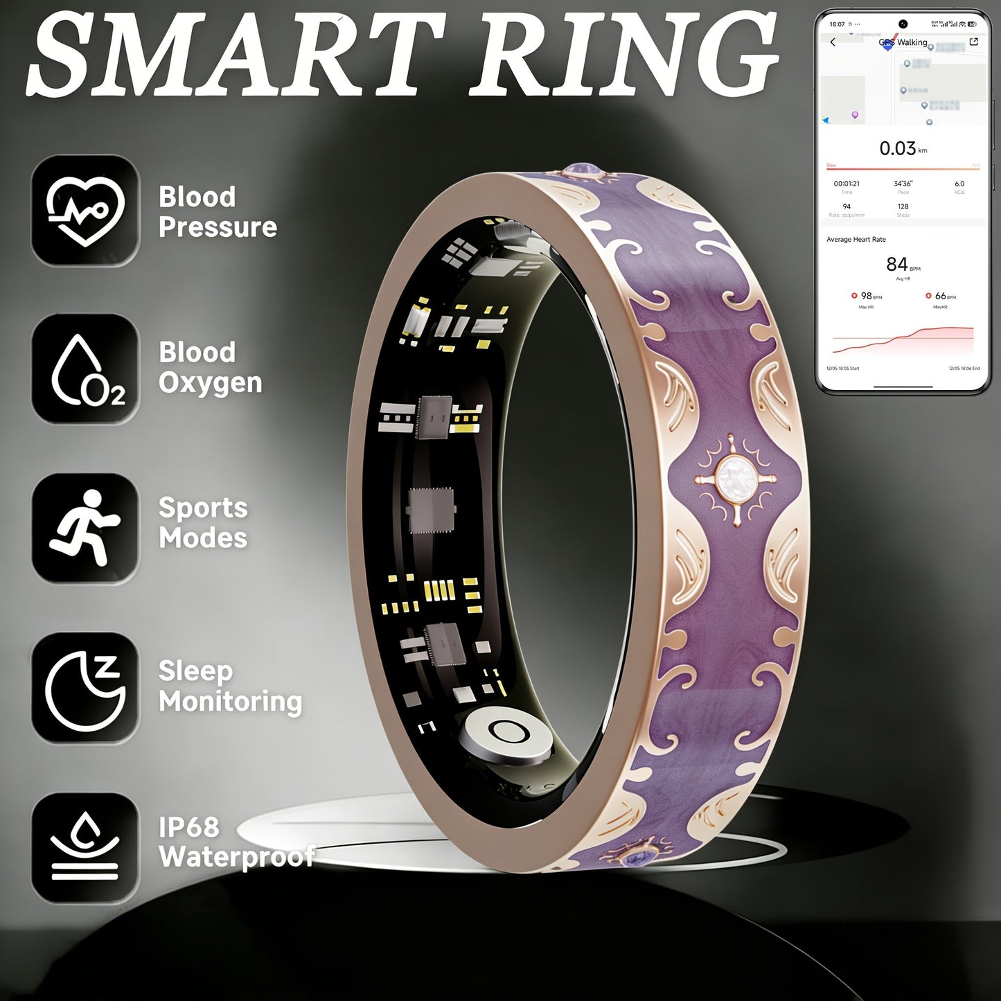 Smart Ring for Women Health & Sleep Tracker No Subscription – 24/7 Heart Rate Stress Fitness Monitoring, Gesture Photo Control, Strava Sync, iPhone & Android Compatible, Navy Blue & Sunset Purple US Size 7 9 10