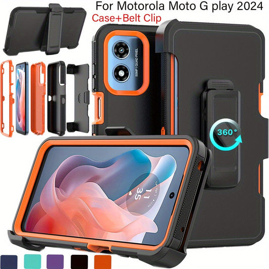 Phone Case Multi-Layer PC and TPU Cover with Belt Clip Holster and Kickstand for Moto G Play 2024