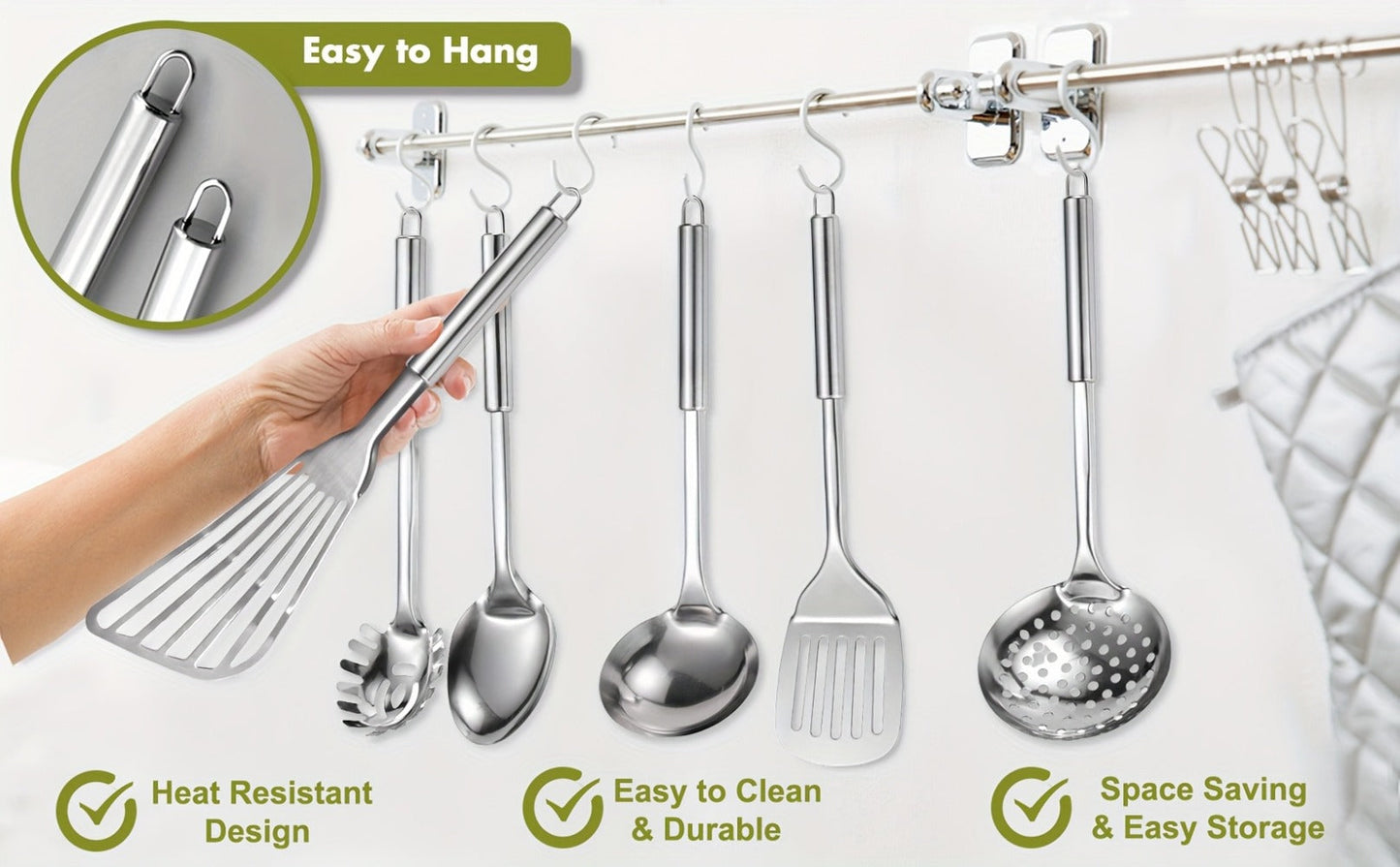 Stainless Steel Kitchen Utensils Set 12 Piece with Holder – Heat Resistant Cooking Utensils, Spatula, Ladle, Tongs, Whisk, Skimmer, Potato Masher, Slotted Spoon