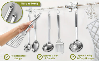 Stainless Steel Kitchen Utensils Set 12 Piece with Holder – Heat Resistant Cooking Utensils, Spatula, Ladle, Tongs, Whisk, Skimmer, Potato Masher, Slotted Spoon