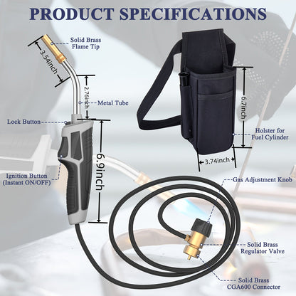 Torch Kit with Trigger Start Propane Torch Head, 5Ft Hose & Holster, Blow Torch for Brazing, Soldering, Welding, BBQ & Campfire, Propane Torch with Cylinder Clip Option (Cylinder Not Included)