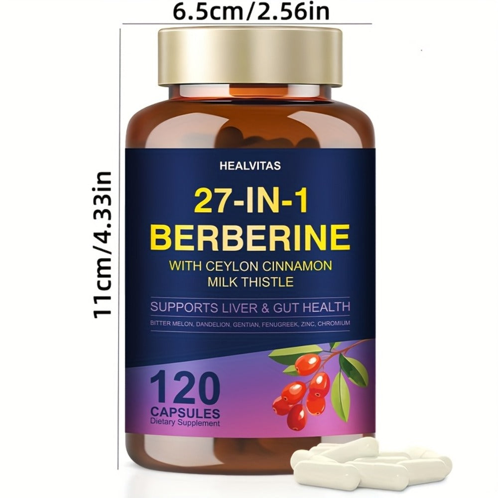 Herbal Supplements with HEALVITAS Label, 27-in-1 Berberine Formula Capsules, 120 or 360 Count