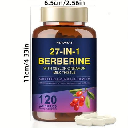 Herbal Supplements with HEALVITAS Label, 27-in-1 Berberine Formula Capsules, 120 or 360 Count