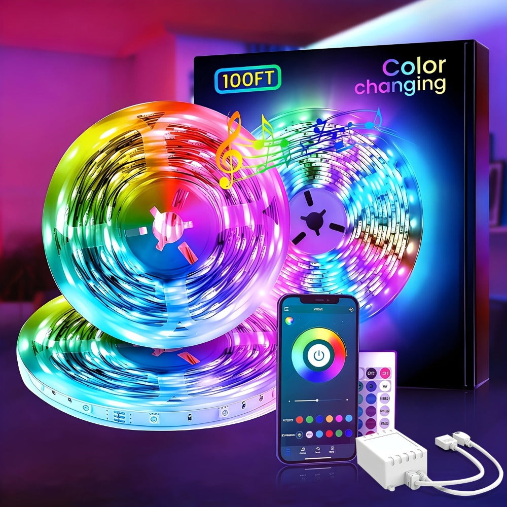 RGB LED Light Strip 50ft 100ft 130ft 16 Million Colors Music Sync – App & 24-Key Remote Control, Color Changing LED Strips for Bedroom, Game Room, Dorm & Party Decoration