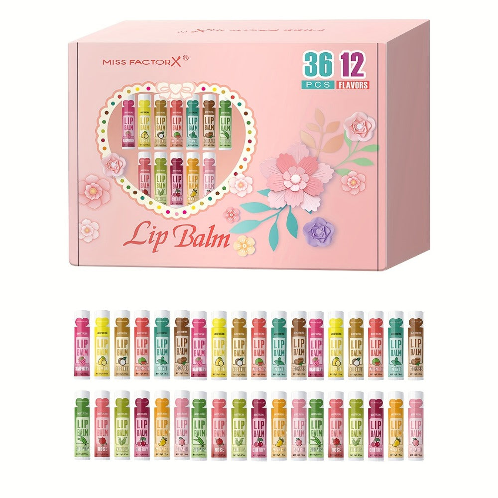 Lip Balm 36-Piece Tinted Gift Set with 12 Flavors, Jojoba Oil Formula and Colorful Tube Packaging