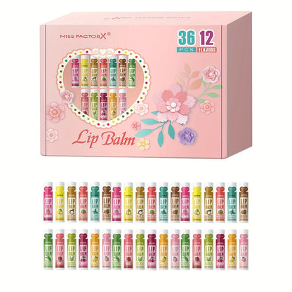 Lip Balm 36-Piece Tinted Gift Set with 12 Flavors, Jojoba Oil Formula and Colorful Tube Packaging
