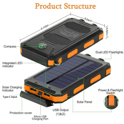 Solar Power Bank, 29800mAh Dual-USB 5V Charger with Solar Panel, Dual LED Flashlight, Compass and Eight Color Options