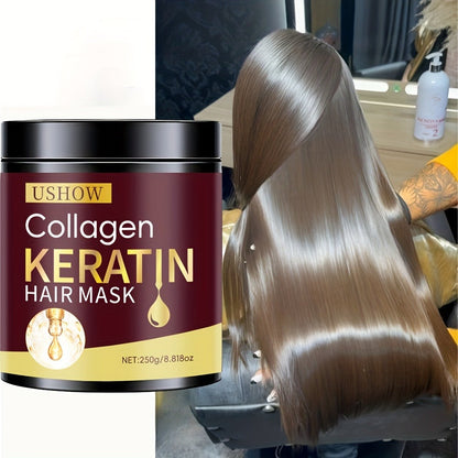 USHOW 250g Collagen and Keratin Hair Mask in Round Jar with Black Screw-Top Lid and Gold-Trim Label
