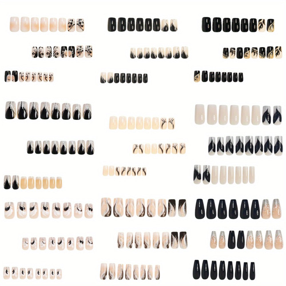Press On Nails 216-Piece Medium Square Black White 3D Butterfly Marble Set with Jelly Glue and File