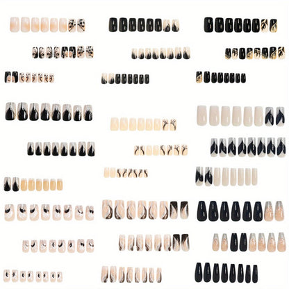 Press On Nails 216-Piece Medium Square Black White 3D Butterfly Marble Set with Jelly Glue and File