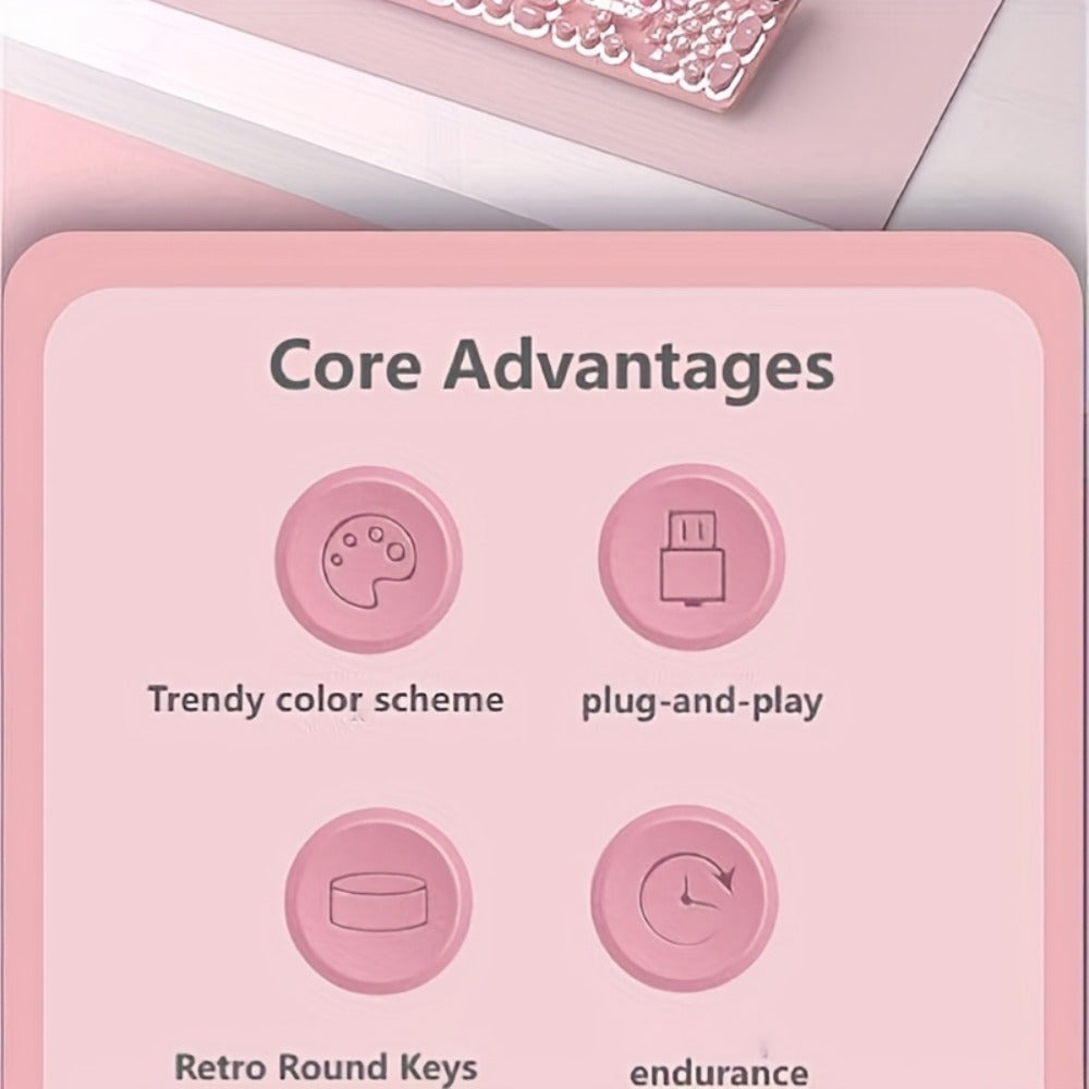 Retro Round-Key Wired Keyboard and 6D Mouse Set with Pink or Blue USB Color Options and One-Touch Lighting