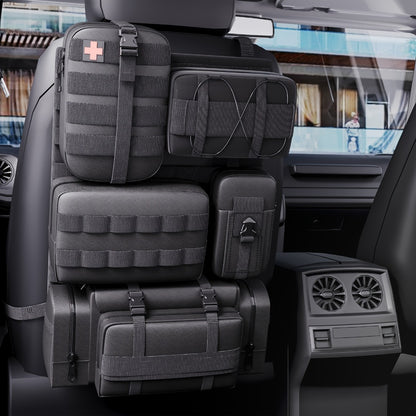 Tactical Car Seat Organizer – MOLLE Nylon Seat Back Storage Bag with 5 Pockets, Front & Rear Seat Protector for Jeep, Truck, SUV | Car Interior Accessories for Men & Women
