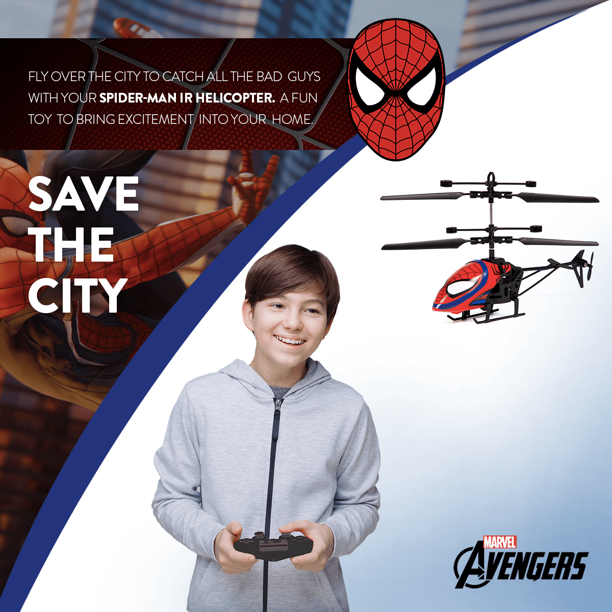 Marvel Spider-Man 2CH IR Remote Control Helicopter – Indoor Flying Toy for Kids Boys Superhero Fan – Birthday Christmas Gift for Ages 6 7 8 9 10+
