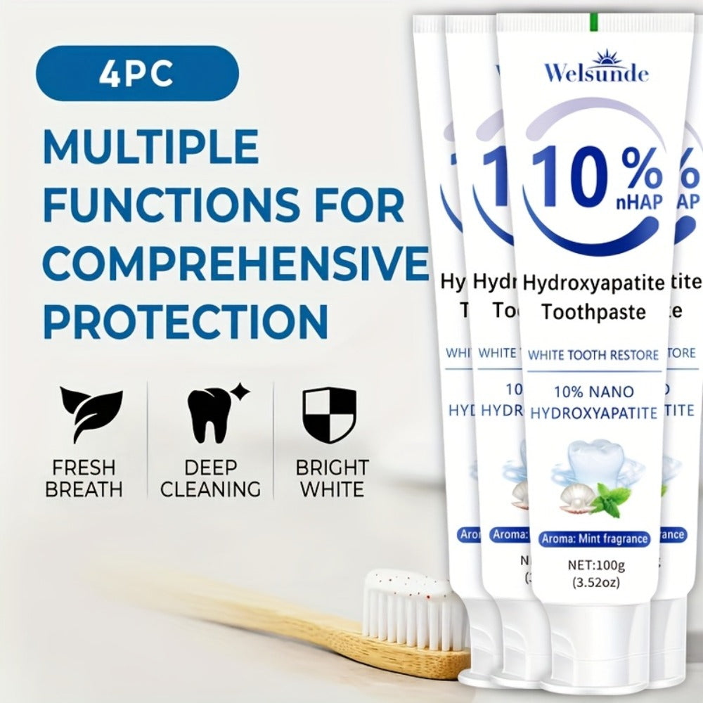 Four-Pack 100g Spearmint Toothpaste Tubes with 10% Hydroxyapatite Label and 400g Total Quantity
